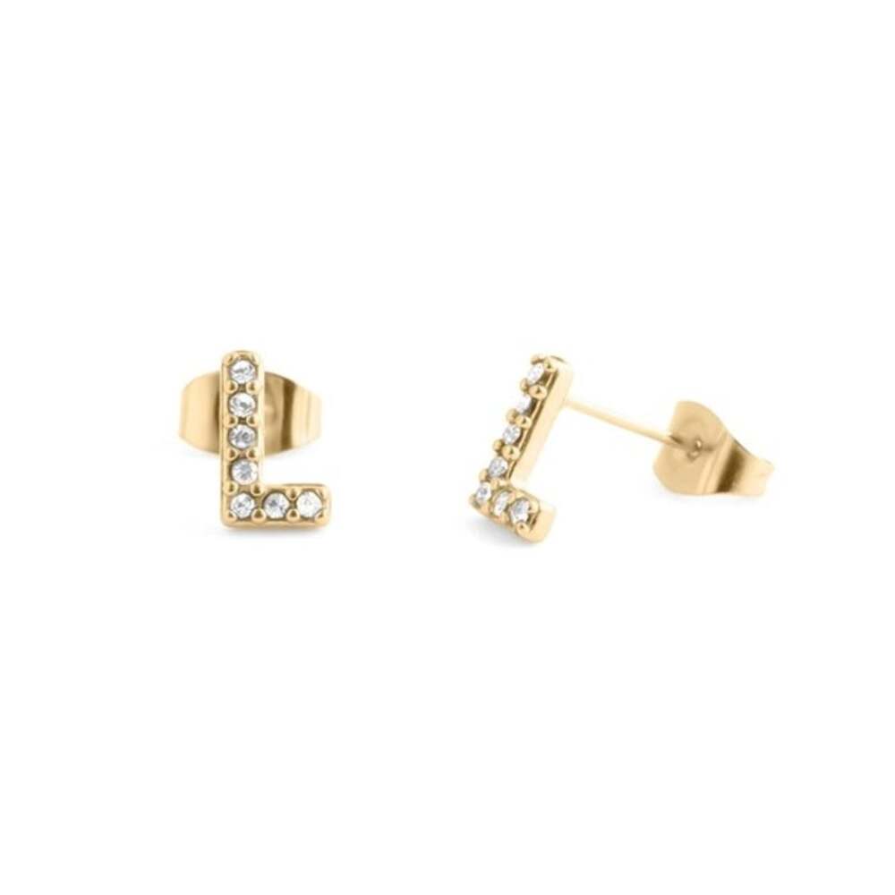 NWT 18K Gold PVD Initial Stud L Earrings Stones Waterproof Tarnish Free Dainty